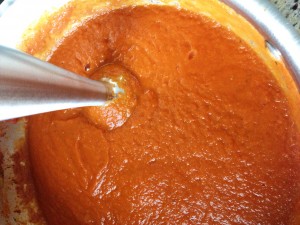 This marinara can be blended right in the pan, but be careful with the hot liquids!