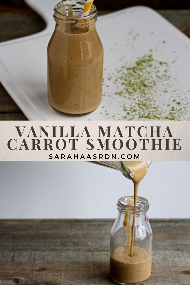 Need a new smoothie recipe? Give this vegan Vanilla Matcha Carrot Smoothie a Try! @cookinRD | sarahaasrdn.com