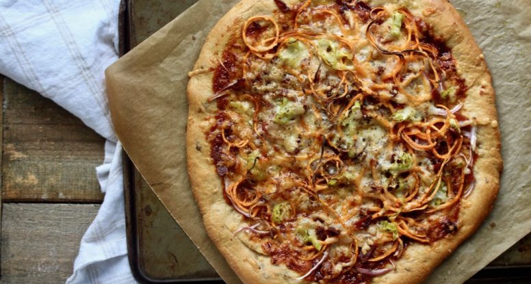 Friday is Pizza Night! If you love BBQ sauce and bacon, you’ll love this Sweet Potato BBQ Bacon Pizza! @cookinRD | sarahaasrdn.com