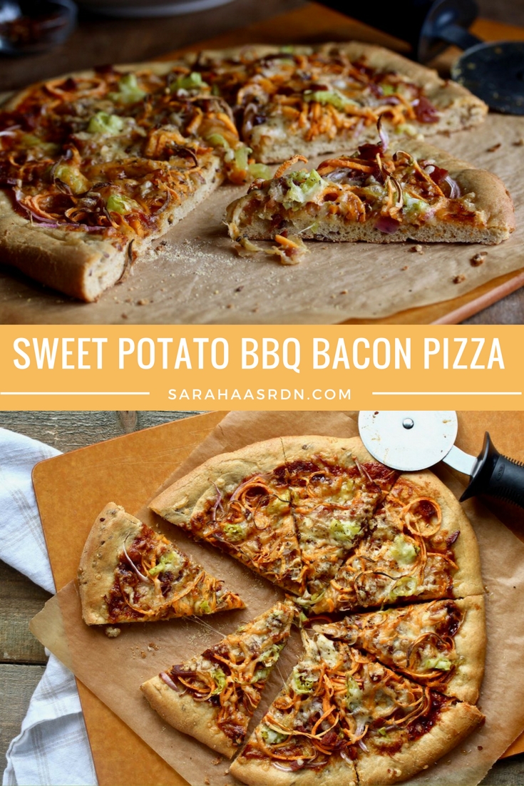 Friday is Pizza Night! If you love BBQ sauce and bacon, you’ll love this Sweet Potato BBQ Bacon Pizza! @cookinRD | sarahaasrdn.com 