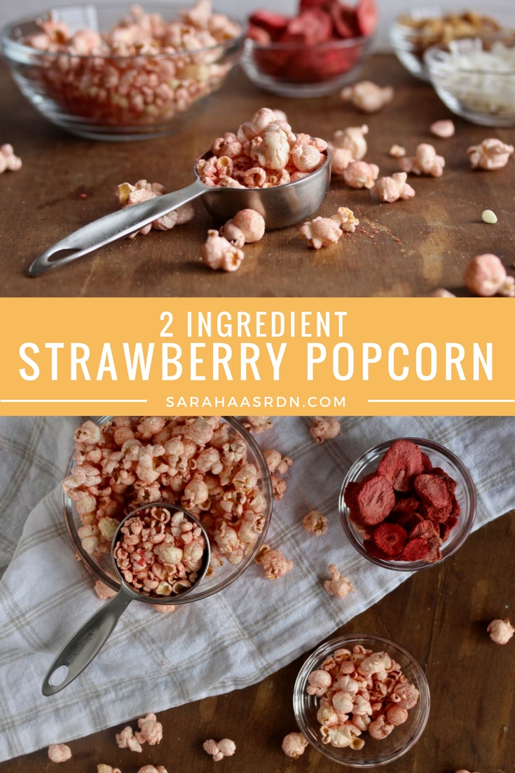 Why not jazz up your popcorn with a little color and flavor? And why not do it the natural way? Try this simple recipe for 2 Ingredient Strawberry Popcorn! @cookinRD | sarahaasrdn.com 