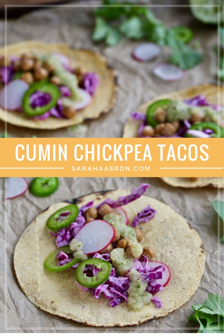 Think chickpeas make for good tacos? Me too! These Cumin Chickpea Tacos are satisfying and delicious! @cookinRD | sarahaasrdn.com 
