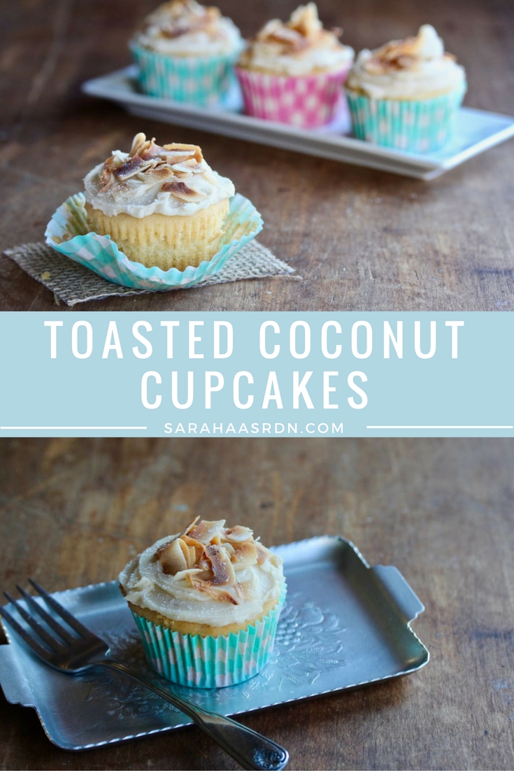 Cupcakes bring joy, so I make them. These Toasted Coconut Cupcakes are reasonably sized and better than the boxed versions! @cookinRD | sarahaasrdn.com 