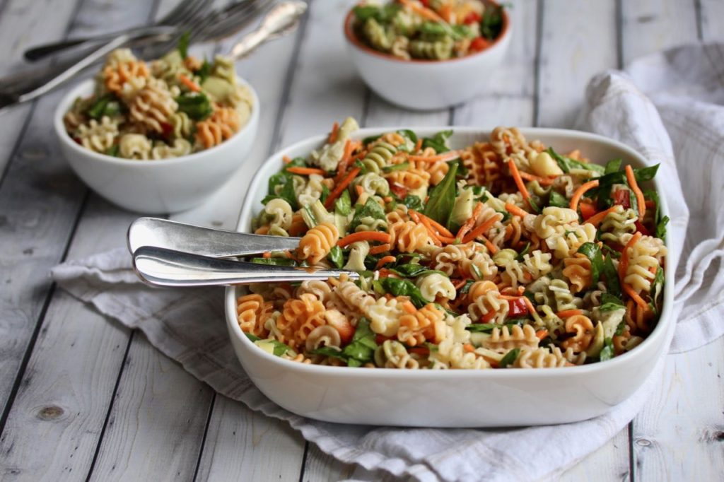 A veggie-inspired meal that comes together quickly! You’ll love this Veggie Loaded Pasta Salad recipe! @cookinRD | sarahaasrdn.com