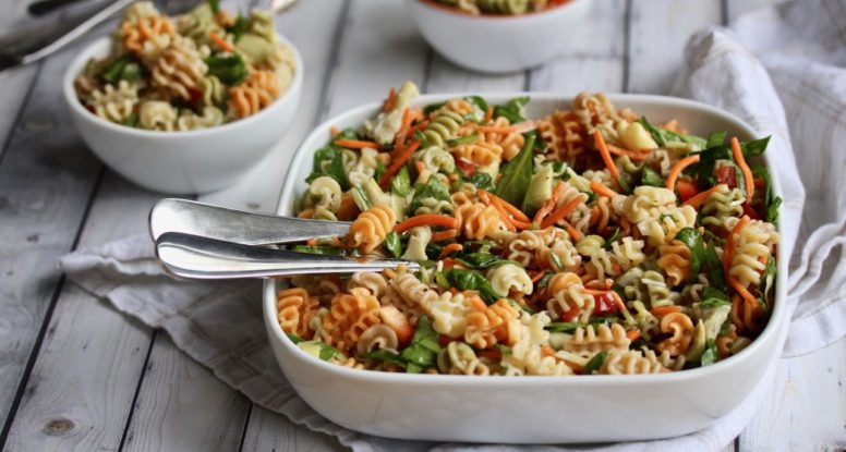 A veggie-inspired meal that comes together quickly! You’ll love this Veggie Loaded Pasta Salad recipe! @cookinRD | sarahaasrdn.com