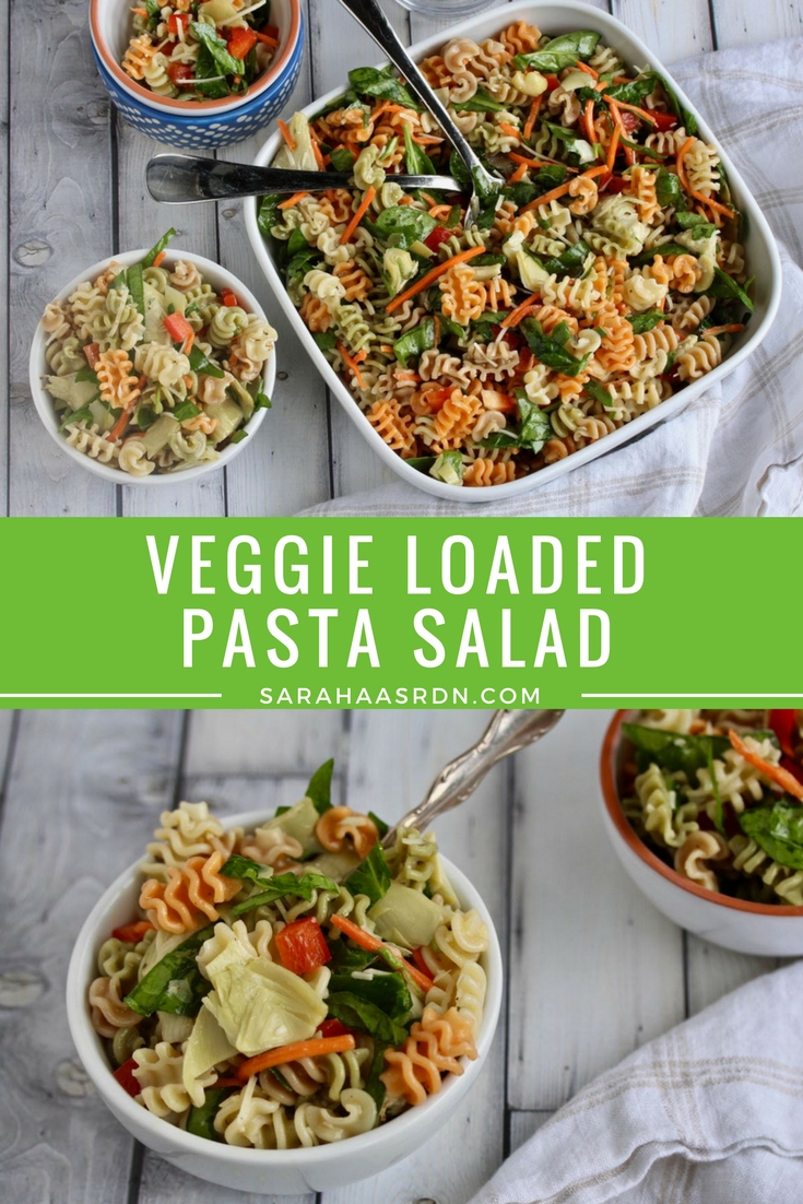 A veggie-inspired meal that comes together quickly! You’ll love this Veggie Loaded Pasta Salad recipe! @cookinRD | sarahaasrdn.com