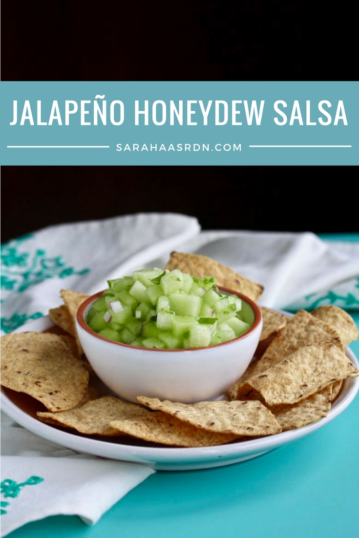 Salsas are a fun way to jazz up any meal. I love the freshness of melon & this Jalapeño Honeydew Salsa adds bright flavor to fish tacos or grilled chicken! @cookinRD | sarahaasrdn.com