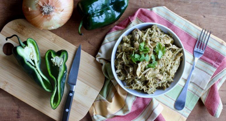 Dinner made EASY! Let this 6 Ingredient Slow Cooker Poblano Chicken be the solution to the question, "What's for dinner?” @cookinRD | sarahaasrdn.com