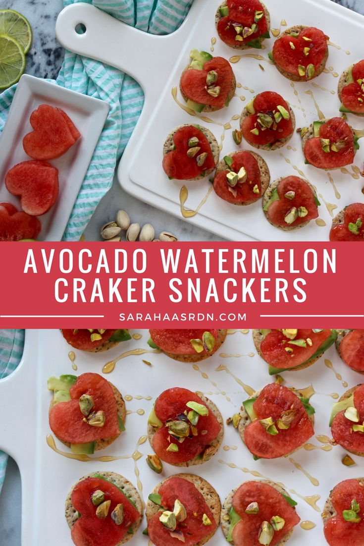 A simple after school snack that your kids can help you make! These Avocado Watermelon Snacker Crackers are a nutritious way to satisfy any hungry belly. @cookinRD | sarahaasrdn.com