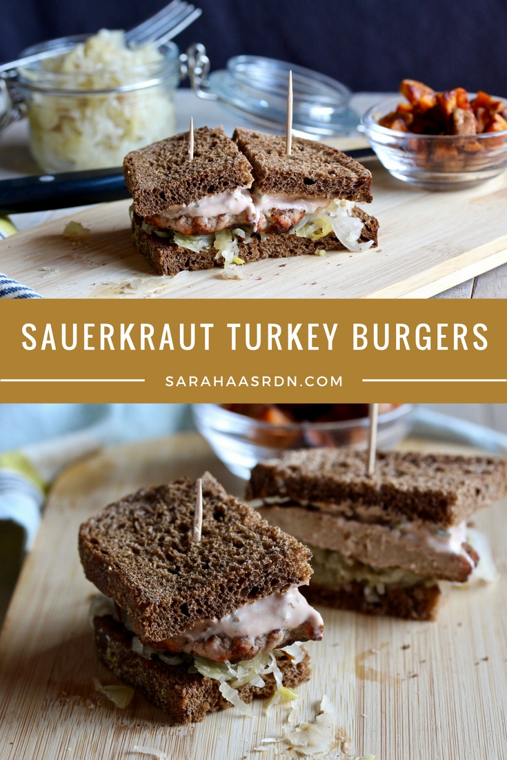 Love sauerkraut? Me too! Need ideas on how to use it? I’ve got them! And a recipe for Sauerkraut Turkey Burgers too! @cookinRD | sarahaasrdn.com