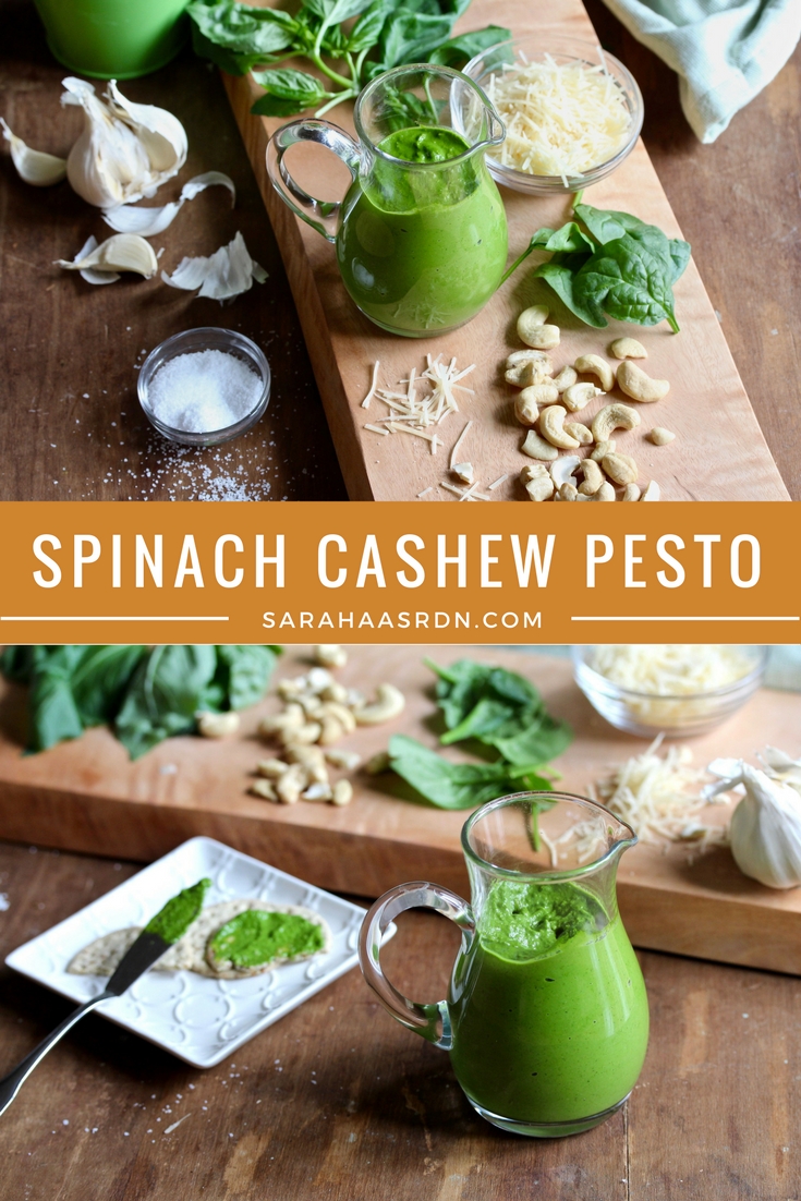 Bored with traditional pesto? I was too! And you know what I found out? That Spinach Cashew Pesto is pretty darn good! Get the recipe now! @cookinRD | sarahaasrdn.com