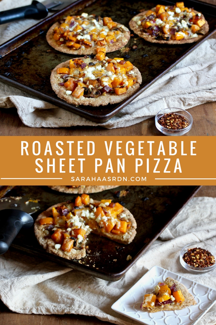 Sheet pan dinners make life easy! And when Roasted Vegetable Sheet Pan Pizzas are on the menu, you won’t find anyone complaining! @cookinRD | sarahaasrdn.com