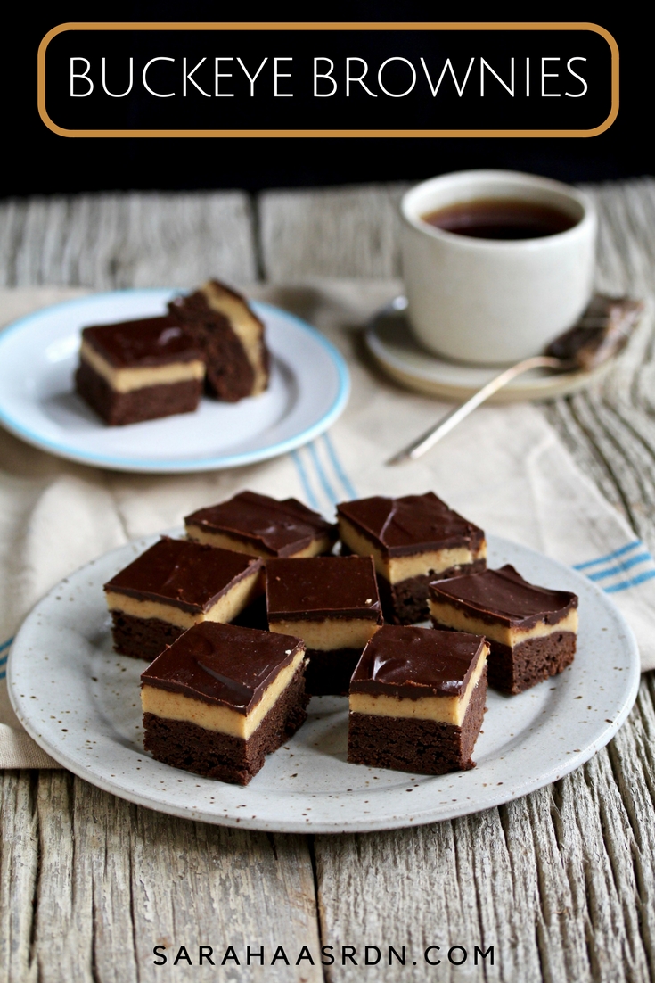 Have you ever had a buckeye brownie? If not, I'm about to change your world! Chocolate meets peanut butter in an oh so yummy way! Get the recipe now! @cookinRD | sarahaasrdn.com