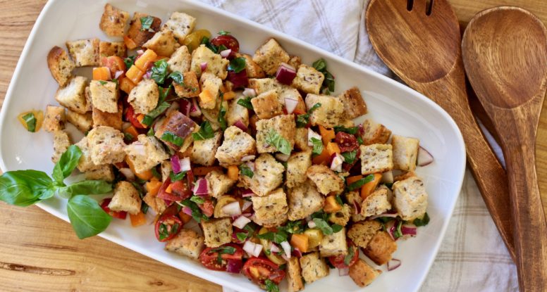 Panzanella, a delightful bread salad made with chewy whole grain baguette tossed with fresh tomatoes, basil and a simple vinaigrette. @cookinRD | sarahaasrdn.com