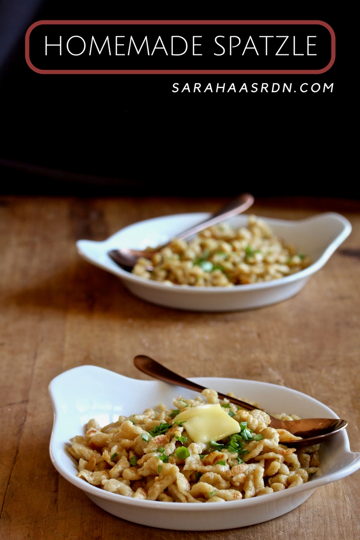 Think you can't make your own pasta? Then you haven't made spatzle! Learn how easy it is to make this classic German pasta/dumpling! @cookinRD | sarahaasrdn.com