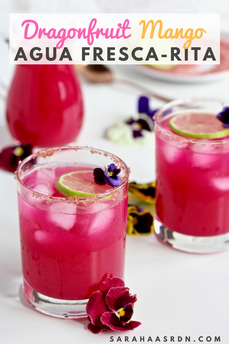 Refreshing margarita alert! There's no better way to enjoy a plate full of tacos than with this tequila and fruit-infused beverage! Make a pitcher of these Dragonfruit Mango Agua Fresca-Ritas for your next fiesta! @cookinRD | sarahaasrdn.com 