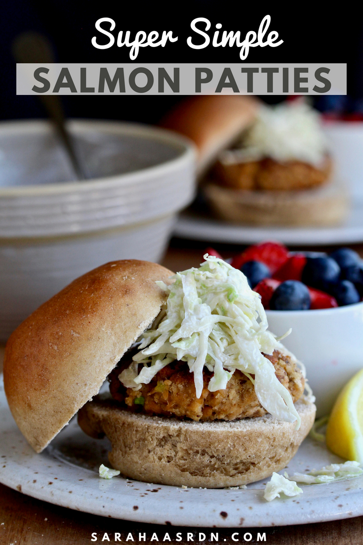 Yes, it's time to give salmon patties another try. My version is super simple to make and packed with flavor. Plus it comes with a perfect cabbage slaw topping! @cookinRD | sarahaasrdn.com 