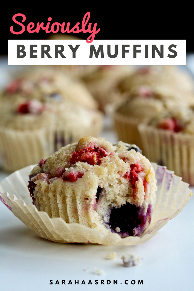 There are bad muffins and there are good muffins. These Seriously Berry Muffins are GOOD muffins. Easy to make and won't last long! @cookinRD | sarahaasrdn.com 
