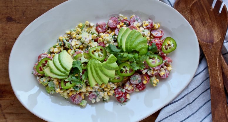 Grilled sweet corn becomes salad! Add a little avocado and jalapeno and a super tasty dressing and you've got a salad you will happily enjoy all summer!