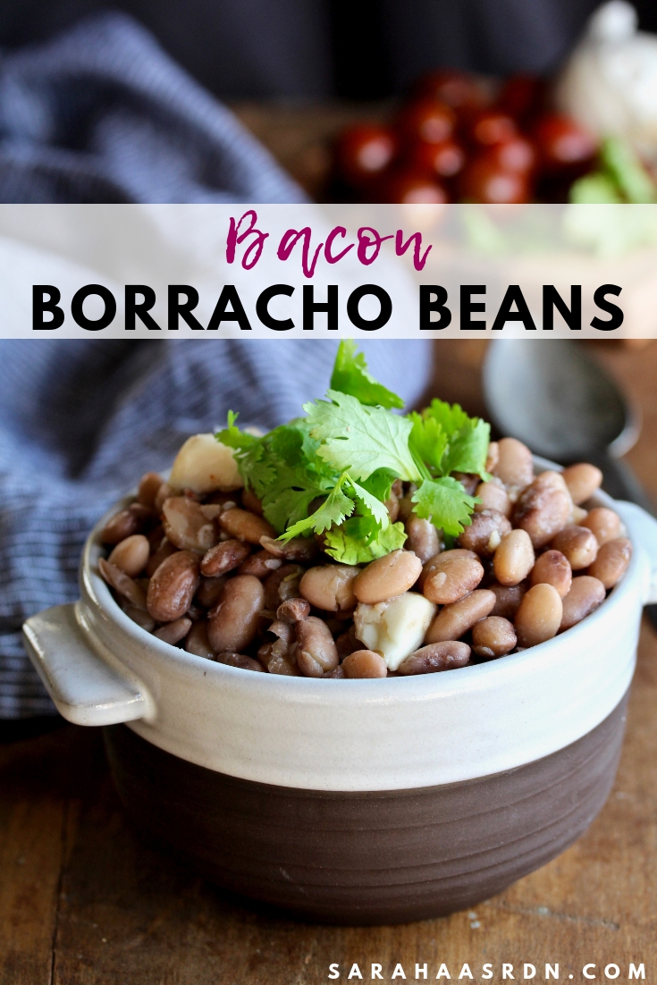 Boring beans? Not these Bacon Borracho Beans! Dry beans are transformed into something magical when infused with bacon and garlic! @cookinRD | sarahaasrdn.com 