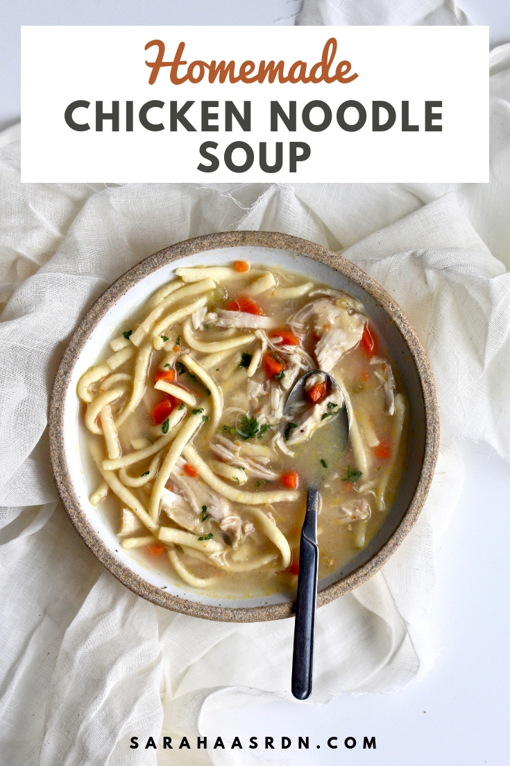 Forget the canned stuff, Homemade Chicken Noodle Soup is where it’s at! So much chicken, vegetables & yummy noodles. And it’s easier to make than you might think! @cookinRD | sarahaasrdn.com 