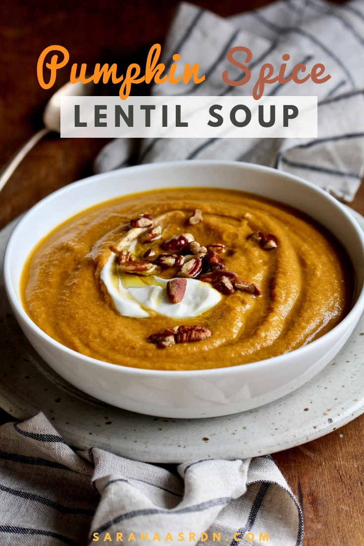Pumpkin spice isn’t just for sweet dishes! You’ll love this blend of spices when cooked with red lentils, yummy aromatics and pumpkin to make this Pumpkin Spice Lentil Soup! @cookinRD | sarahaasrdn.com 