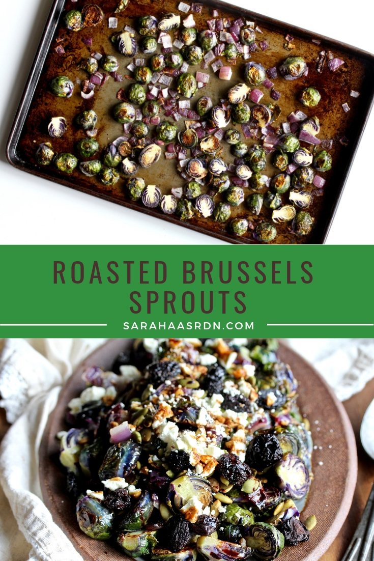 The perfect side dish to any holiday meal! These Roasted Brussels Sprouts are festively topped with dried cherries, toasted pumpkin seeds and balsamic reduction! @cookinRD | sarahaasrdn.com 