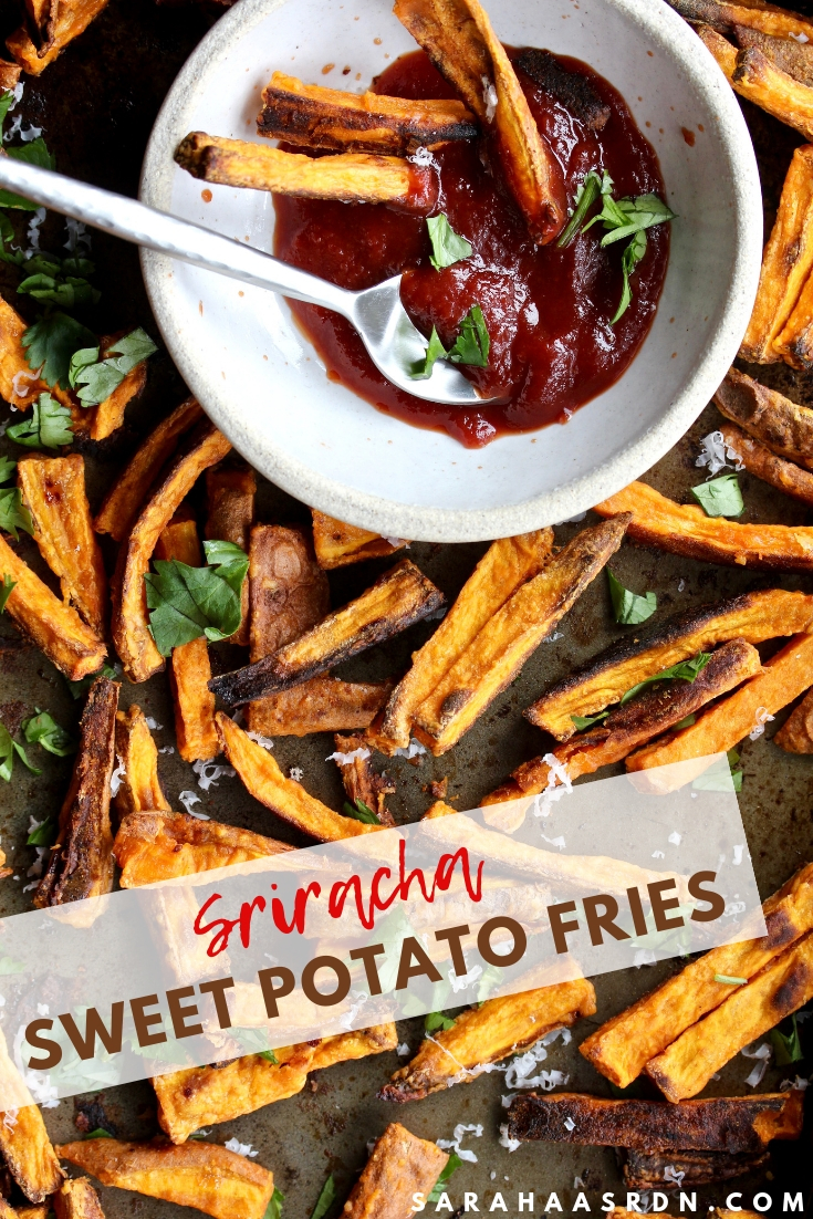 Every night should be Sriracha Sweet Potato Fries Night! These fries are perfectly sweet and slightly spicy; the perfect side to almost any meal! @cookinRD | sarahaasrdn.com 