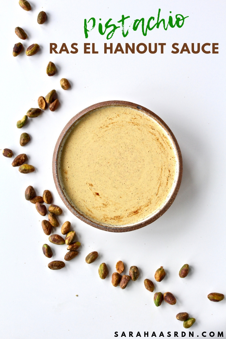 Bust out of your sauce rut and try something new! You’ll love the flavor and nutrition that comes with this Pistachio Ras El Hanout Sauce! @cookinRD | sarahaasrdn.com