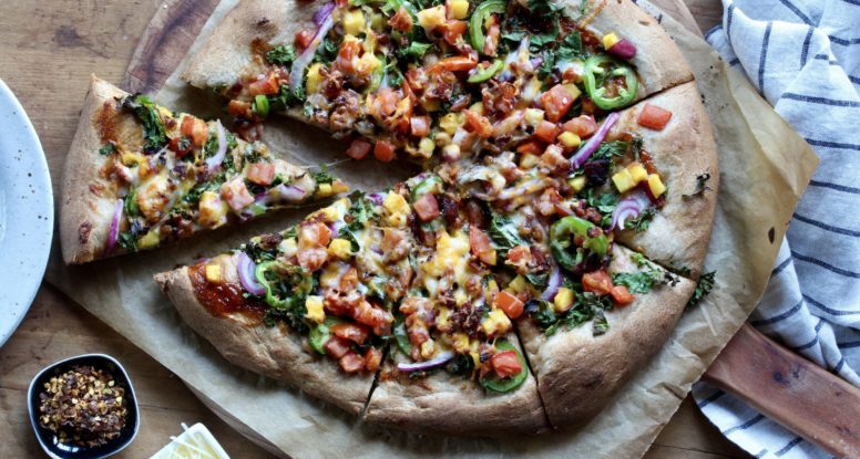 Bacon Kale Peach BBQ Pizza | sarahaasrdn.com