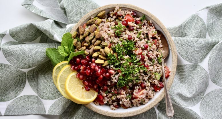 Pistachio Pomegranate Tahini Tabbouleh | sarahaasrdn.com